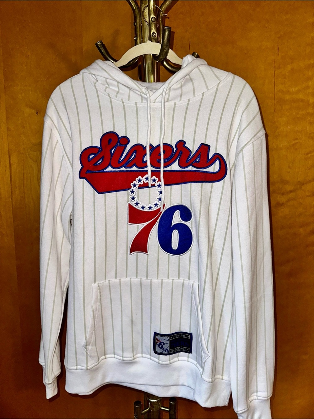 NBA White Pinstripe Sixers Hoodie with Red & Blue Graphics